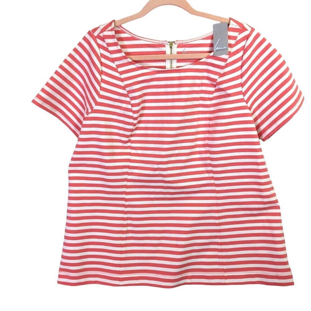 Lane Bryant Women 18 20 Coral White Vertical Striped Short Sleeve Zip Top Shirt